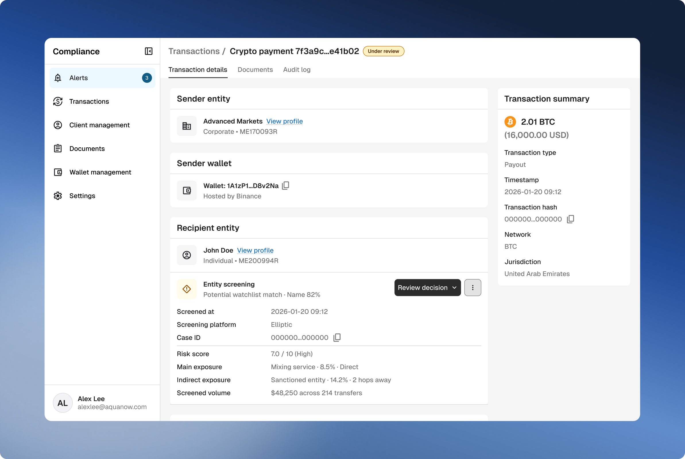The compliance platform's transaction review screen: sender and recipient entities, wallets, and an entity screening result with a review decision action