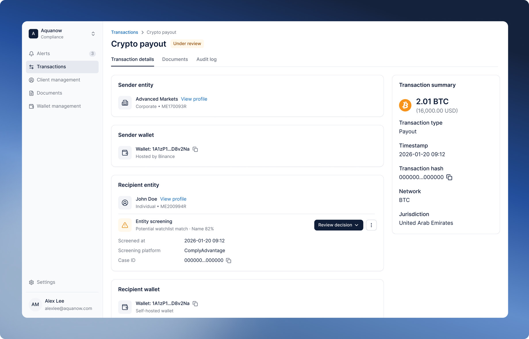 Compliance platform transaction review screen