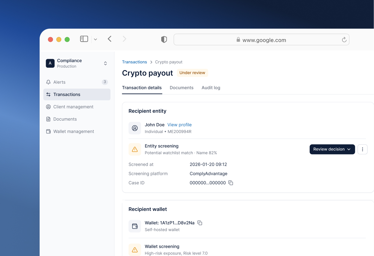 Compliance platform transaction review screen